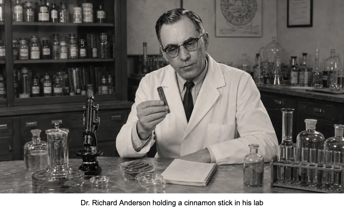 Dr. Richard Anderson holding a cinnamon stick in his lab