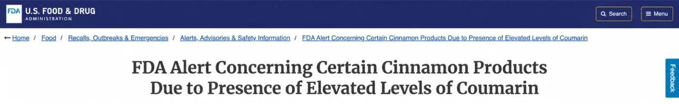 FDA alert concerning certain cinnamon products due to elevated levels of coumarin